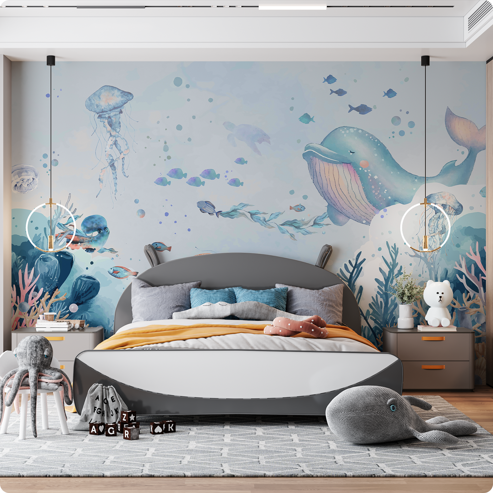 Fixed size:Watercolor Underwater Whale Kids Wallpaper Mural